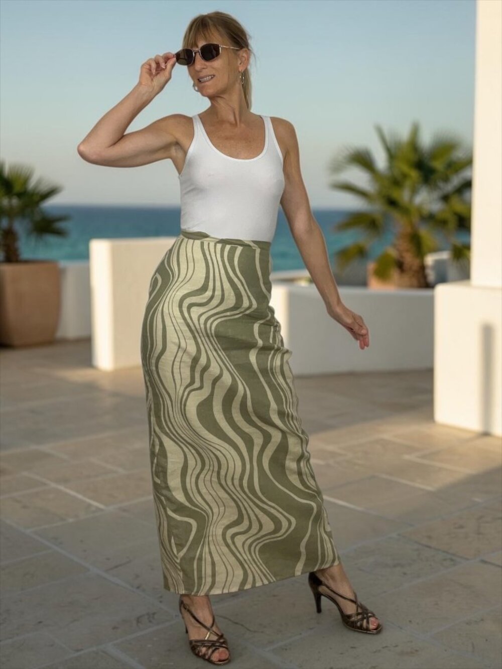 DISSH Dayton Linen Midi Skirt 2 Green Swirl High Rise Coastal